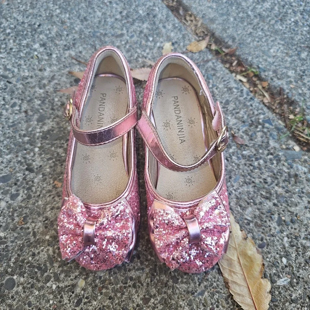 Pandanija Kids Girls Sparkly Pink Glitter Bow Mary‎ Jane Shoes Size 7